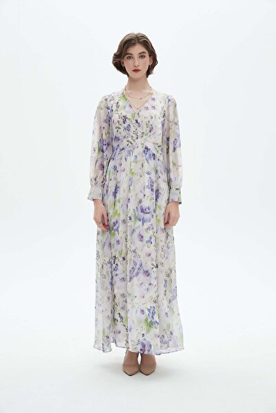 Nichii فستان نسائي طويل مزهر برقبة على شكل حرف V وقصة واسعة