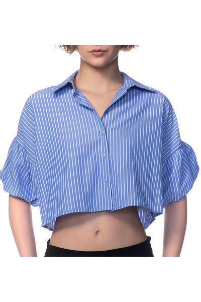 Appleline Women's Sleeve Detailed Oversize Poplin Crop Shirt Blue