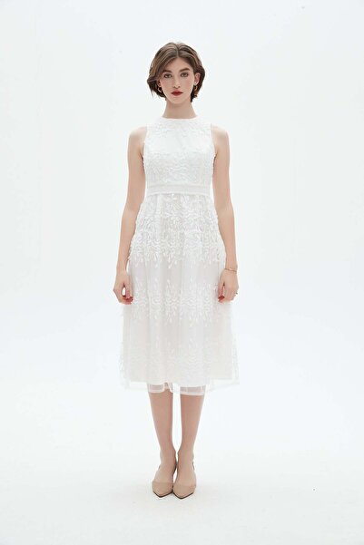 Nichii Sleeveless Midi Dress with Sheer Layer and Round Neck