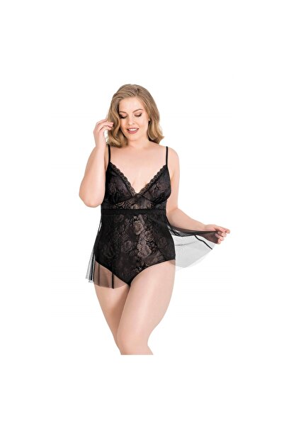 MİRALİVE Marsilyan- Plus Size Black Bodysuit Jacquard Nightgown