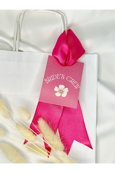 ATOLYE498 10 ADET BRİDE'S CREW FUŞYA ETİKETLİ BEYAZ KRAFT KAĞIT-KARTON ÇANTA-HEDİYELİK ÇANTA/BEKARLIĞA VEDA