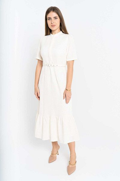 Nichii Solid Midi Dress with Waist Belt and Short Sleeves