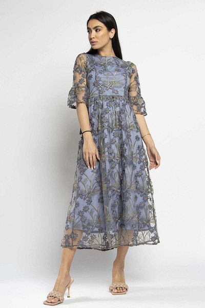 Nichii Floral Midi Dress with Lined Interior and Sheer Sleeves