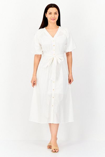 Another Sunday Women Solid Belted Midi Dress, White