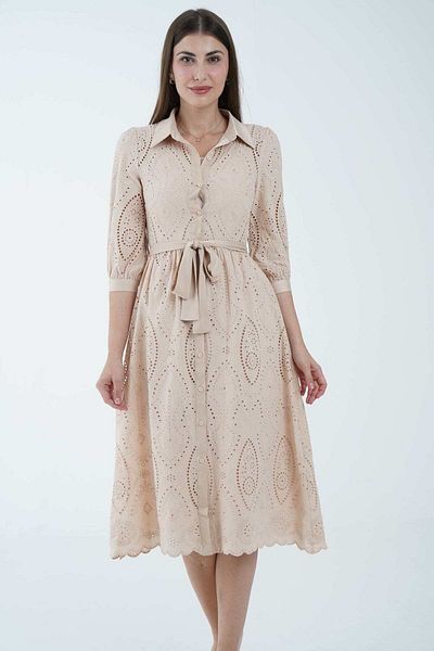 Nichii Women's Midi Dress with Waist Belt, Front Buttons, and 3/4 Sleeves