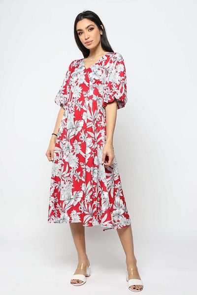 Nichii Floral Short Puff Sleeve Midi Dress
