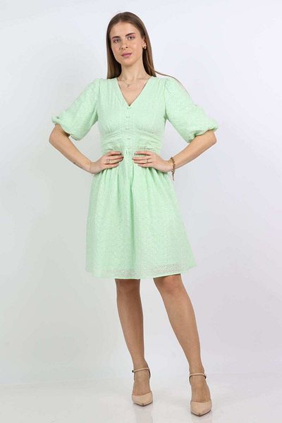 Nichii Short Puff Sleeve Waist-Defined Dress with Seven Openings