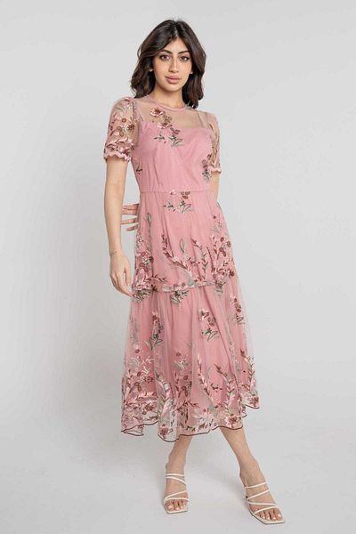 Nichii Women's Mid-Length Sheer Embroidered Lined Short Sleeve Dress