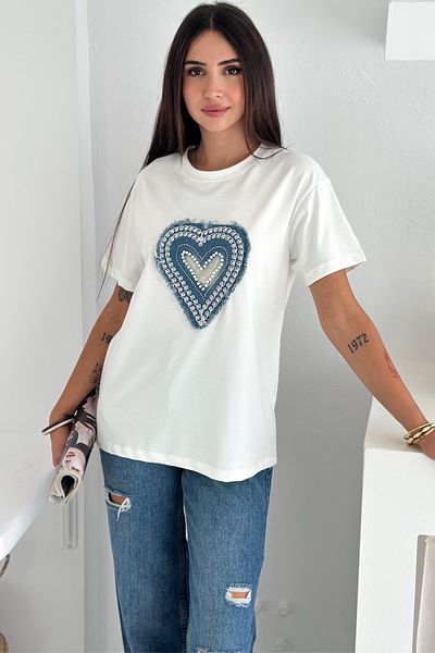 FEMELLE Women's White Heart Pattern Bead Embroidered Denim Detailed 100% Cotton T-Shirt
