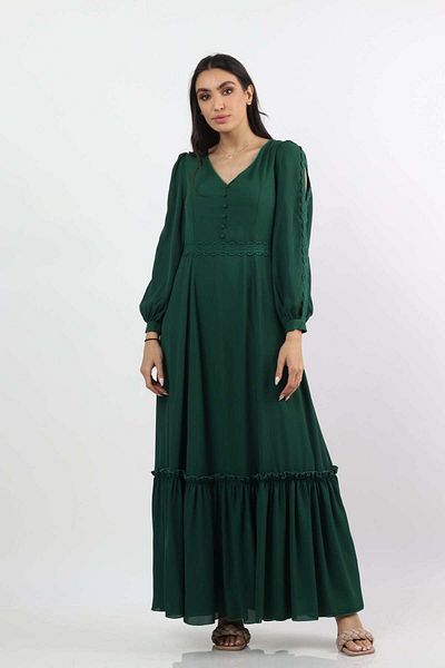 Nichii Solid Long Dress with Ruffles and Short Sleeves, Shoulder Cutout