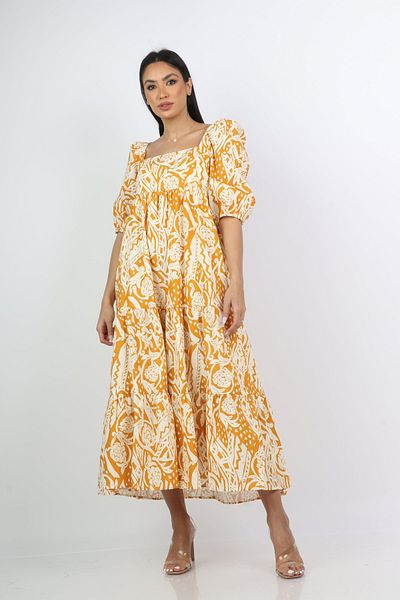Nichii Women’s Wide Printed Midi Dress with Square Neck and 3/4 Sleeves