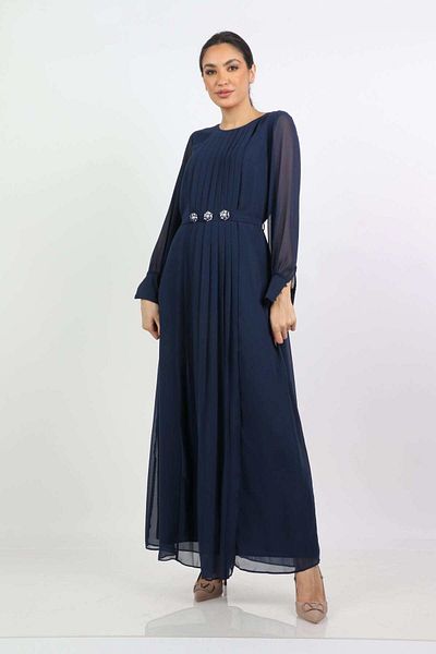Nichii Long Pleated Evening Dress with Long Sleeves