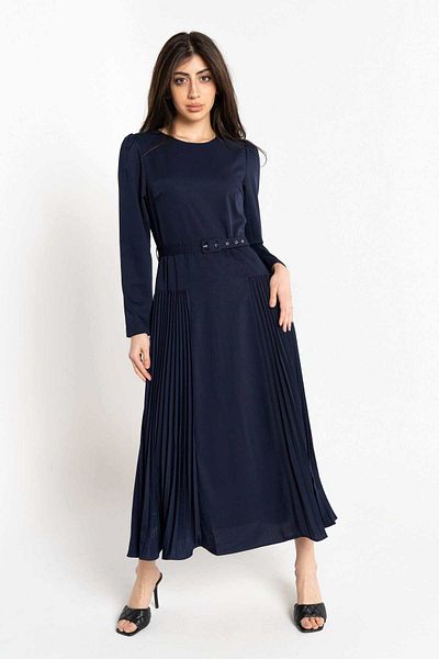 Nichii Solid Midi Dress with Pleats and Waist Belt