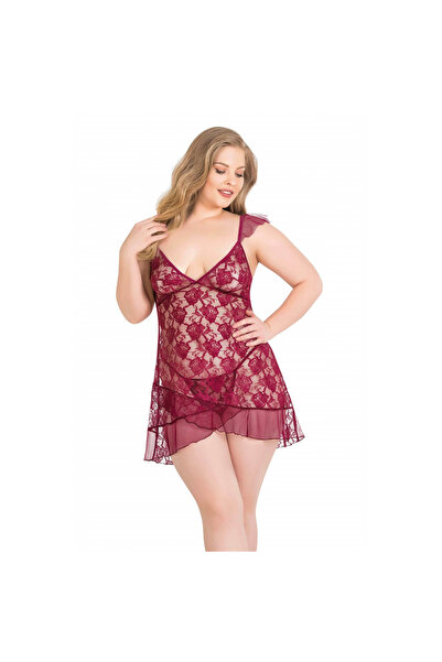 MİRALİVE Marsilyan- Plus Size Burgundy Short Tulle Nightgown