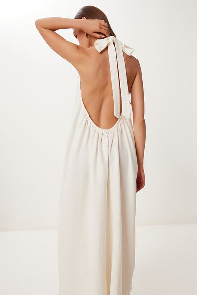 Lovelyİstanbul Halter Neckline Summer Muslin Dress Lfg0019 Cream 38