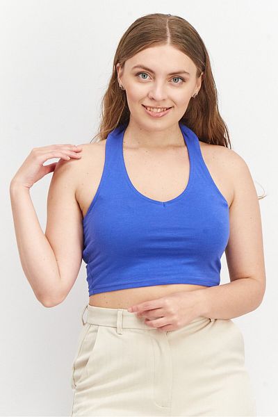 Sinsay Women Halter Neck Sleeveless Plain Crop Tops, Blue