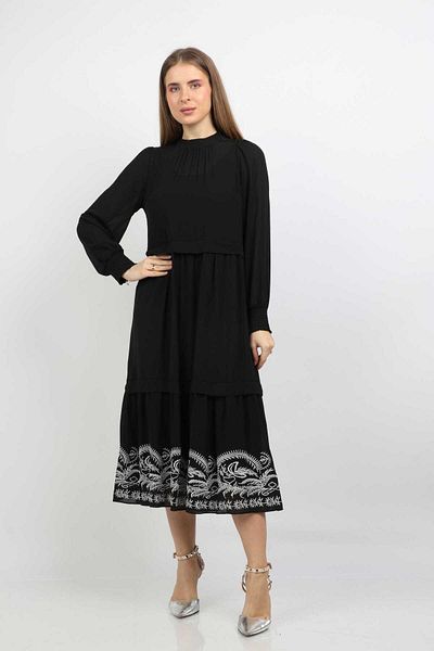 Nichii Women's Long Sleeve Wide Chiffon Midi Dress with Patterned Hem