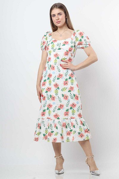 Nichii Floral Fitted Midi Dress with Short Sleeves