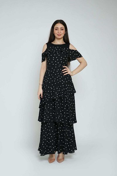 Nichii Polka Dot Layered Long Dress with Off-Shoulder and Short Sleeves