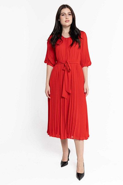Nichii Women's Solid Midi Dress with 3/4 Sleeves and Pleats