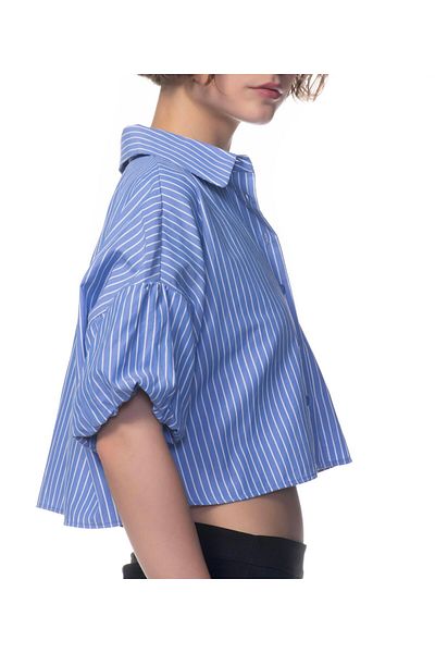 Appleline Women's Sleeve Detailed Oversize Poplin Crop Shirt Blue