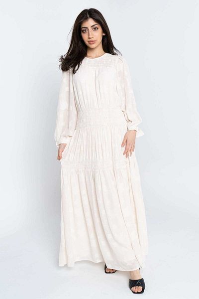 Nichii Women's Long Dress with Vertical Pleats and Long Sleeves