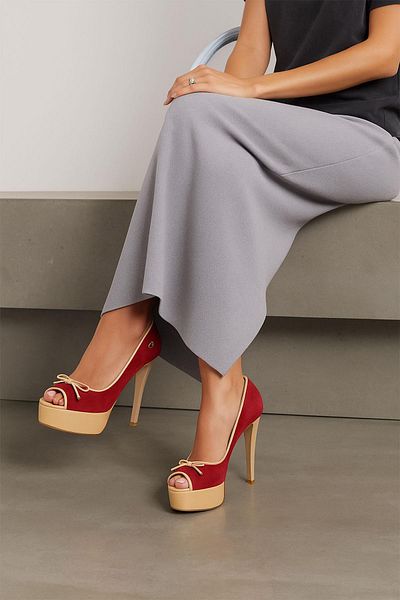 Deriderim Red Suede Bow Detailed Platform Heeled Shoes