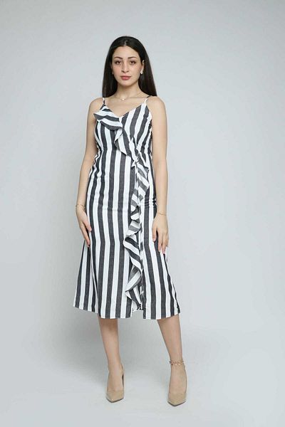 Nichii Striped Long Midi Polyester Dress with Ruffles, Sleeveless