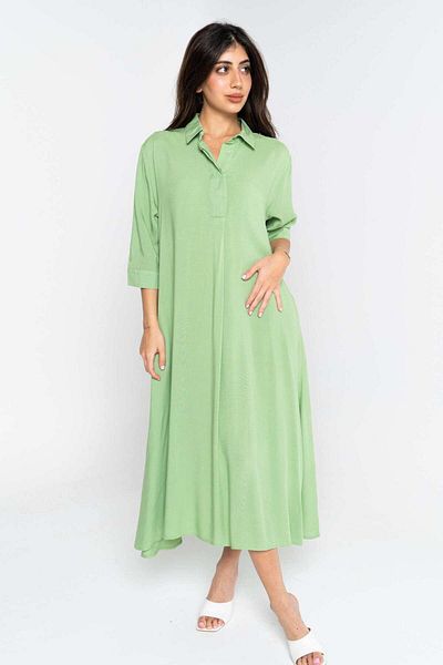 Nichii Solid Midi Dress with Front Buttons and Short Sleeves