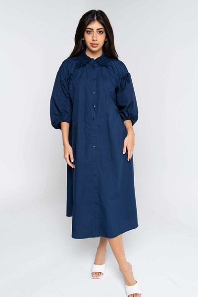 Nichii Solid Midi Dress with Front Buttons and 3/4 Sleeve