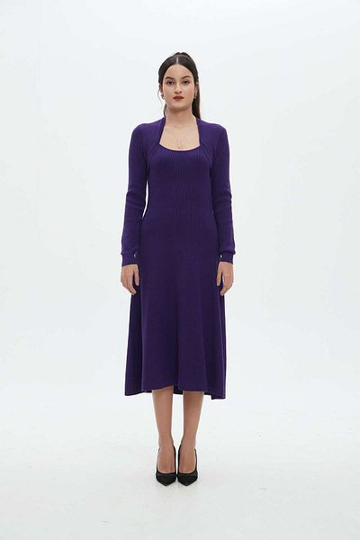 Nichii Women's Long Sleeve Pleated Midi Dress with Waist Detail