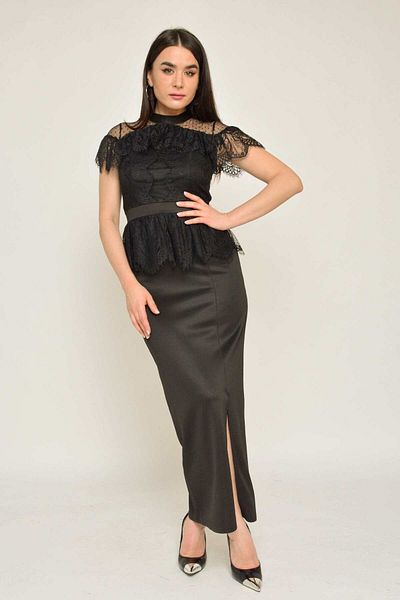 Nichii Long Lace Dress with Belt and Sheer Short Sleeves