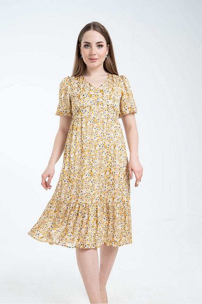Nichii Short Puff Sleeve Midi Dress with a Seven Neckline