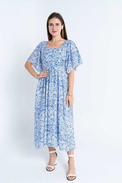 Nichii Women's Mid-Length Printed Dress with Square Neck and Short Loose Sleeves
