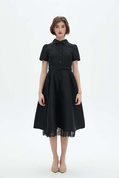 Nichii Short Sleeve Midi Dress with Belt and Shirt Collar