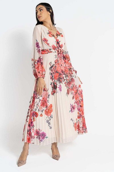 Nichii Women's Pleated Maxi Dress with Long Sleeves
