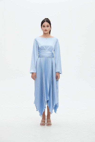 Nichii Women's Solid Evening Dress with Half Ruffle Wrap and Long Sleeves