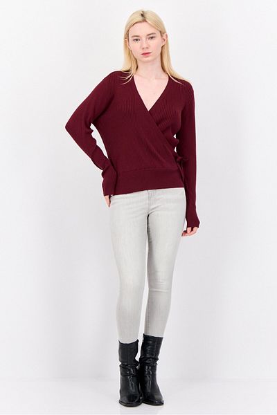 Luxe by Tricot Women V-Neck Textured Wrap Sweater, Maroon