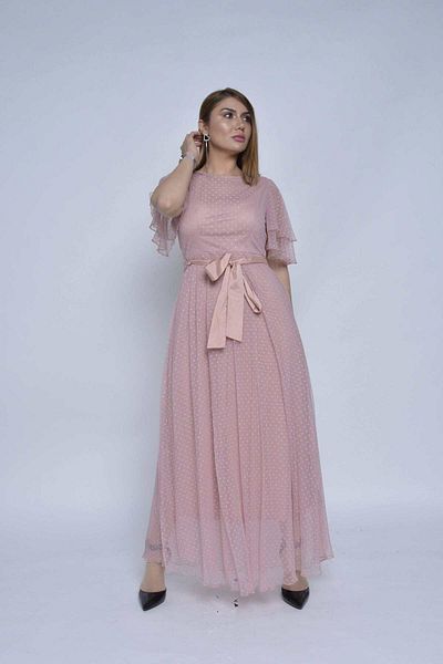 Nichii Long Sheer Chiffon Dress with Subtle Print and Short Sleeves