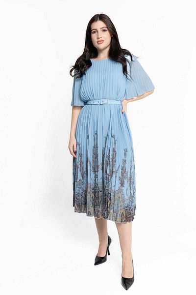 Nichii Women's Short Sleeve Pleated Midi Dress with Print