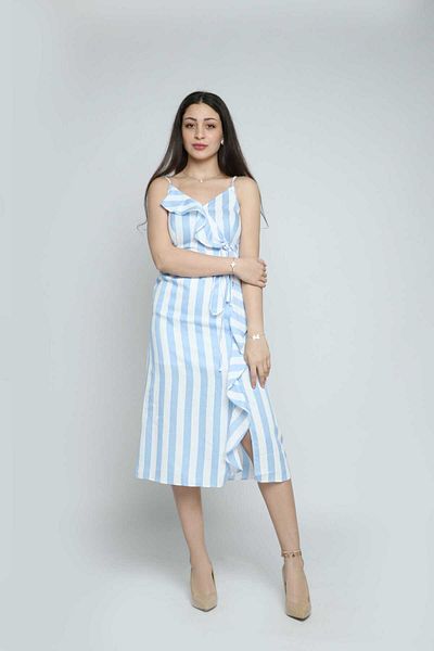 Nichii Striped Long Midi Polyester Dress with Ruffles, Sleeveless