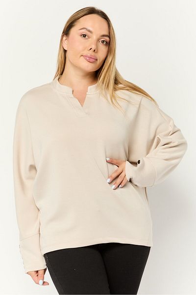 Cable&Gauge Women Split Neck Plain Long Sleeve Sweatshirt, Light Taupe
