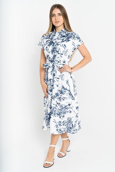 Nichii Women's Printed Midi Dress with Belt and Short Sleeves