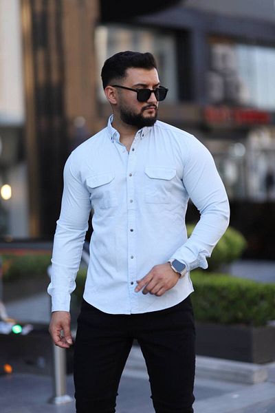 Klothy Cămașă pentru bărbați, din bumbac, lavabilă, cu buzunar dublu, slim fit 2343
