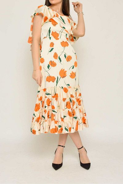 Nichii Floral Print Midi Dress with One Shoulder and Short Sleeves