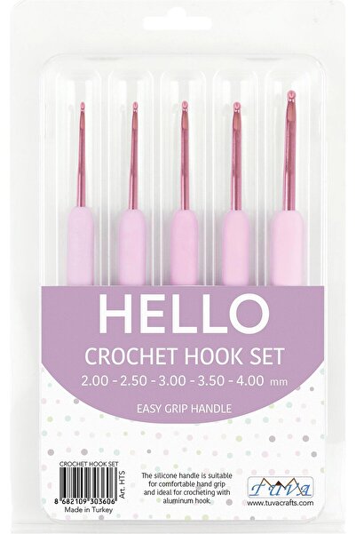 Tuva Hello Silikon Saplı Tığ Seti, 5 Adet Örgü Tığı, Pembe