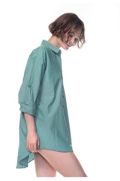 Appleline Women's Striped Oversize Poplin Boyfriend Shirt Dark Green