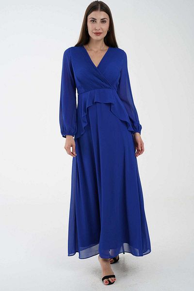 Nichii Classic Solid Maxi Dress with V-Neck and Ruffle Waist , Long Sleeves