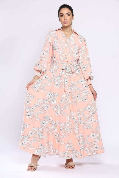 Nichii Floral Maxi Dress with Seven Neckline - Women's Long Sleeve