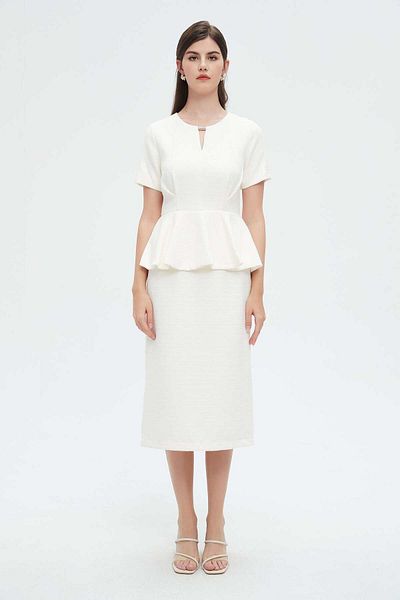 Nichii Women's Midi Dress with Short Sleeves, Neckline Cutout & Ruffled Waist